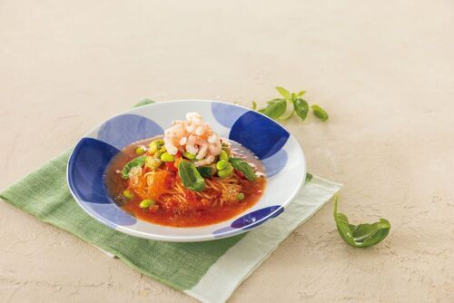 甘えびと夏野菜のマリネ冷製トマトパスタ